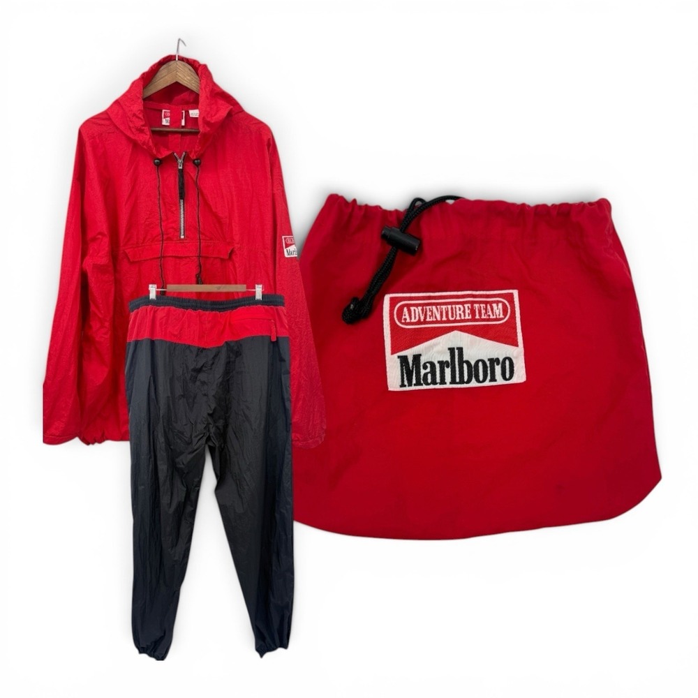 Vintage Marlboro Unlimited Packable Rain Suit XXL Jacket Pants Stuff Sack Red